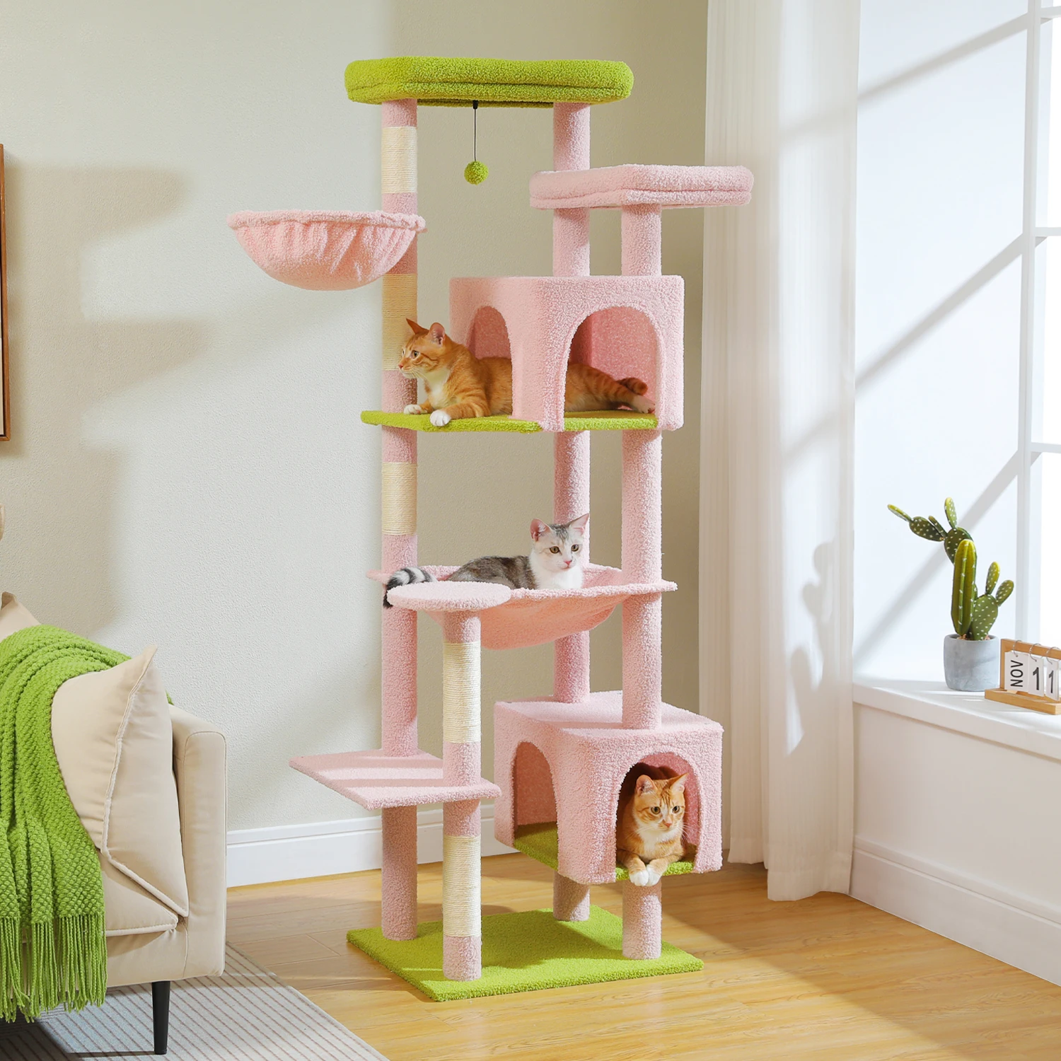 Tall Cat Tree for Indoor, Multi-Level Tower with Super Large Hammock, Scratching Posts, Cozy Condo, Soft Top Perch, Cat Toys