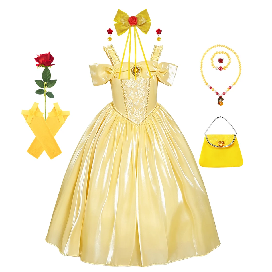 Girl Shiny Satin Belle Dress Off‑Shoulder Bow Lace Bodice Long Puffy Ball Gown Kids Fancy Outfit for Birthday Party Halloween