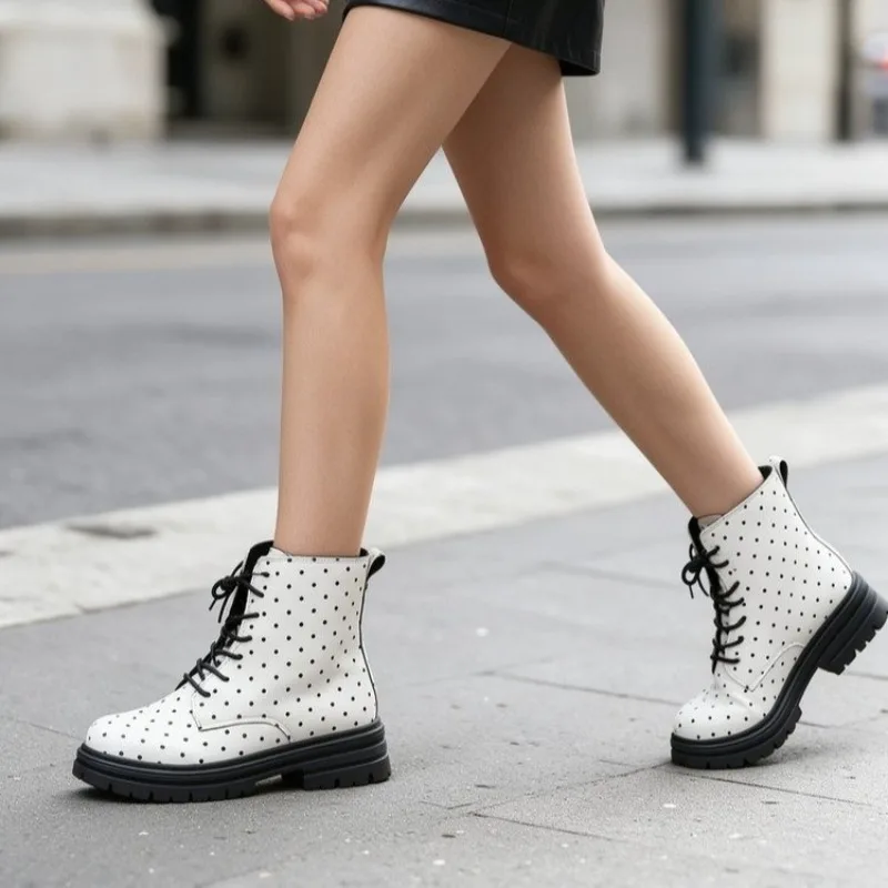 2026 New Simple Style Polka Dot Outdoor Women's Mid Calf Boots Fashion Round Toe Lace Up Non Slip Comfort Casual Boots for Women