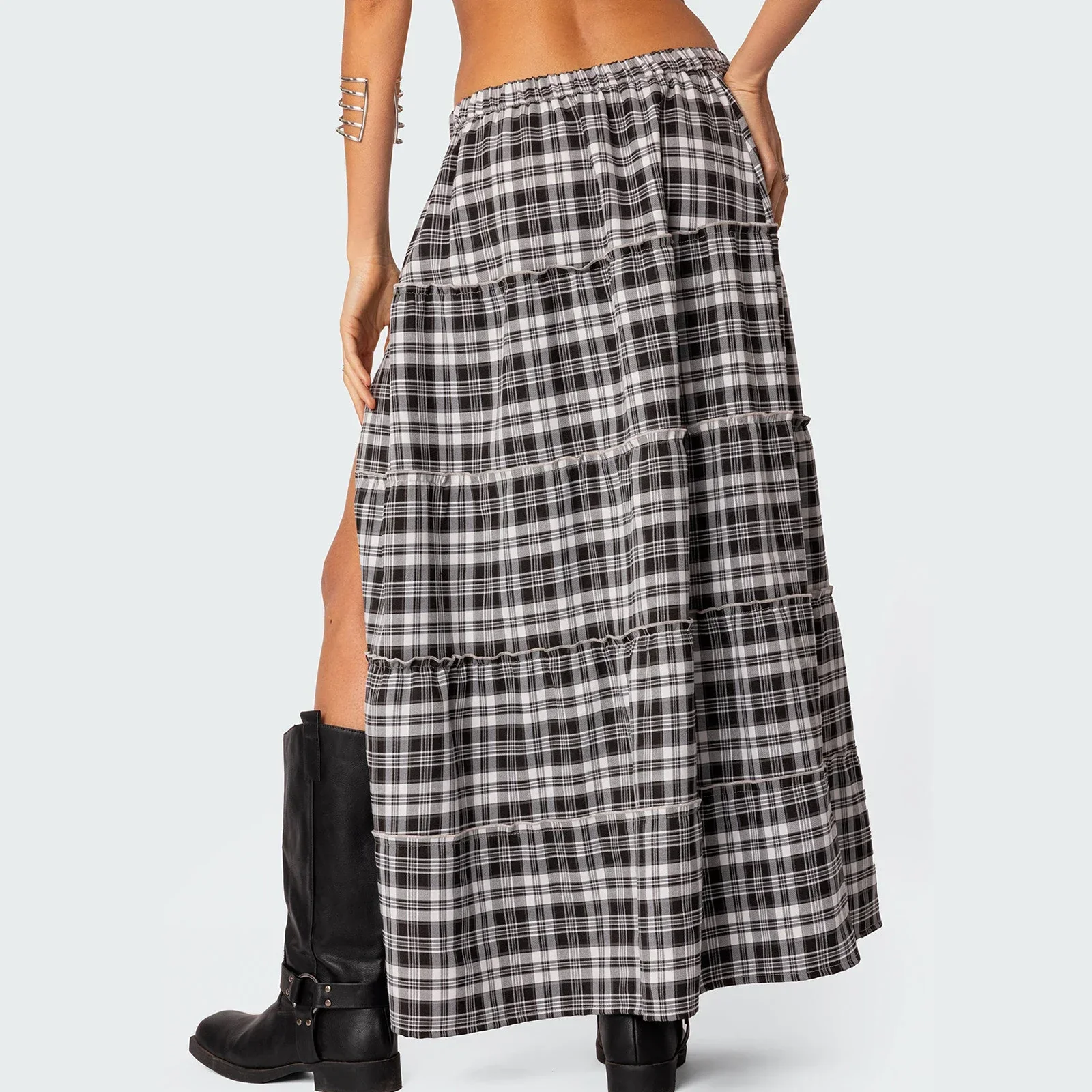 Women's Fashion Plaid Long Skirts Vintage Elastic Waist Side Slit Tiered Midi Skirts Casual Flowy Skirts