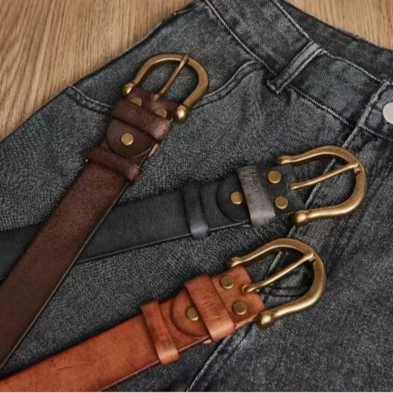 

3.8CM Men's Copper Needle Buckle Genuine Leather Handmade Belts Man Versatile Casual Pure Cowhide Trendy Design Strap Belt