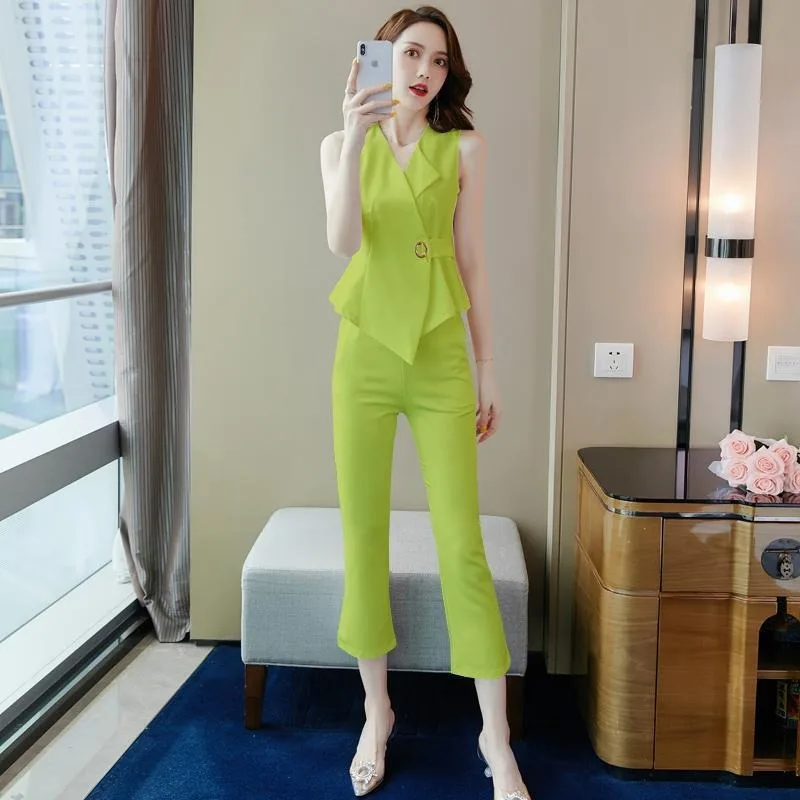 New Fashion Design Slim Summer Women's Suit Sleeveless V-neck Irregular Vest Top + High Waist Calf-length Pants Two Piece Set