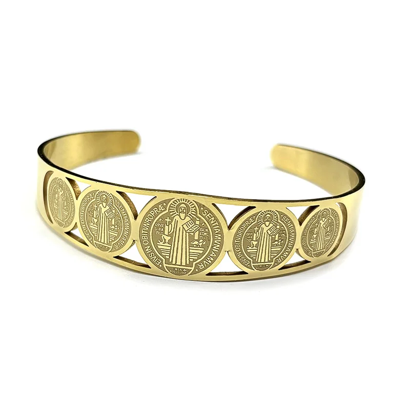 الكاثوليكية سانت بنديكت سوار قابل للتعديل للنساء الرجال الفولاذ المقاوم للصدأ الذهب اللون سان بينيتو سلسلة اليد الدينية مجوهرات