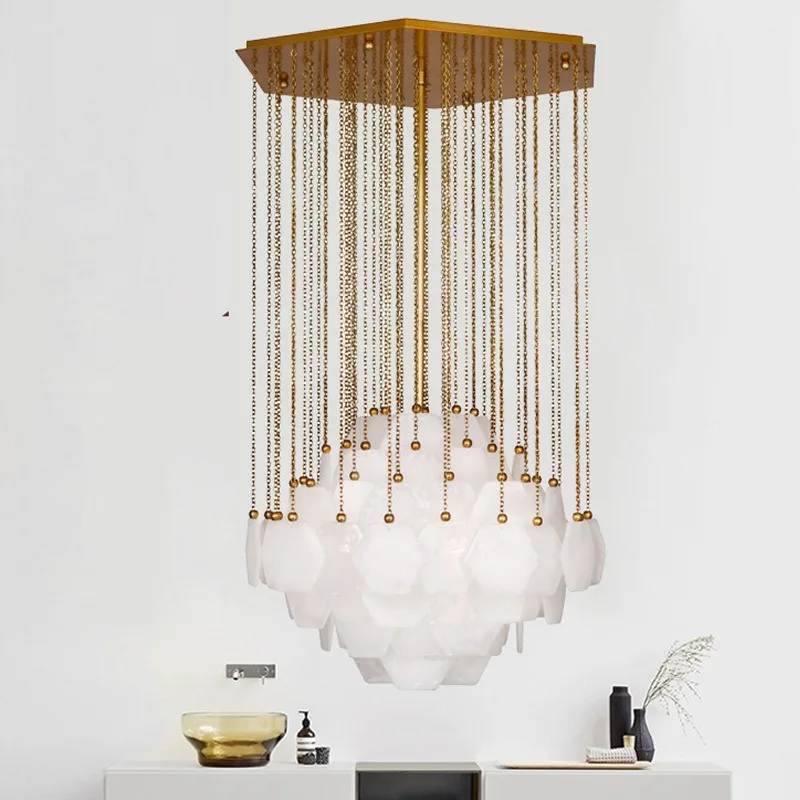 Postmodern natural marble simple dining room duplex stairs, model room personalized bedroom chandelier