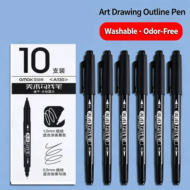 10Pcs Dual Tip Water-Based Markers – Fine & Broad Nib, Quick-Dry Ink for Art Drawing, Sketching, Outlining, Manga, School Suppli