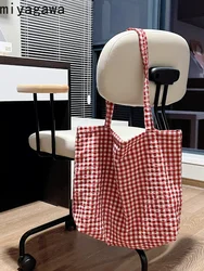 Miyagawa Korean Niche Retro Red Checkered Canvas Bag 2024 New Versatile Casual One Shoulder Tote Bags