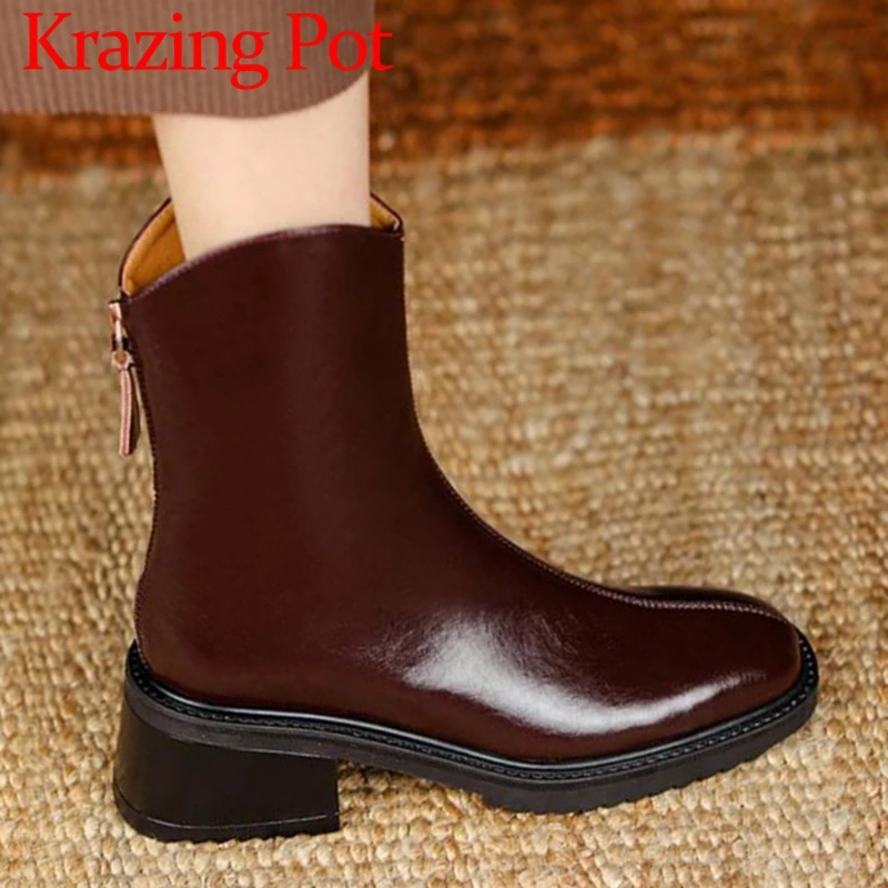 Krazing Pot Cow Leather Round Toe Med Heels Modern Boots Large Size 43 Platform Retro Fashion Simple Style Zipper Ankle Boots