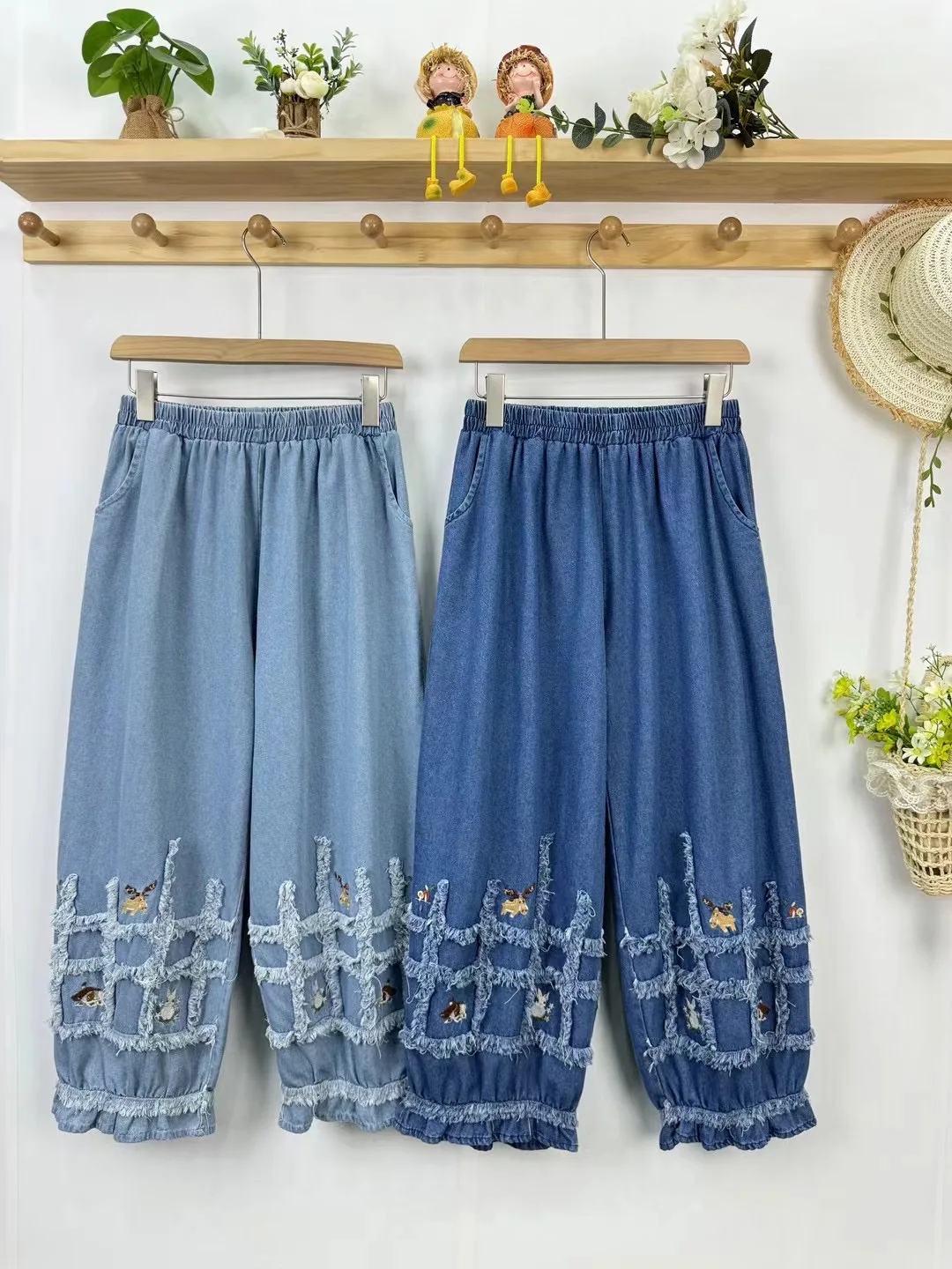 Summer Preppy Style Patchwork Denim Pants Women Elastic Waist Casual Pants