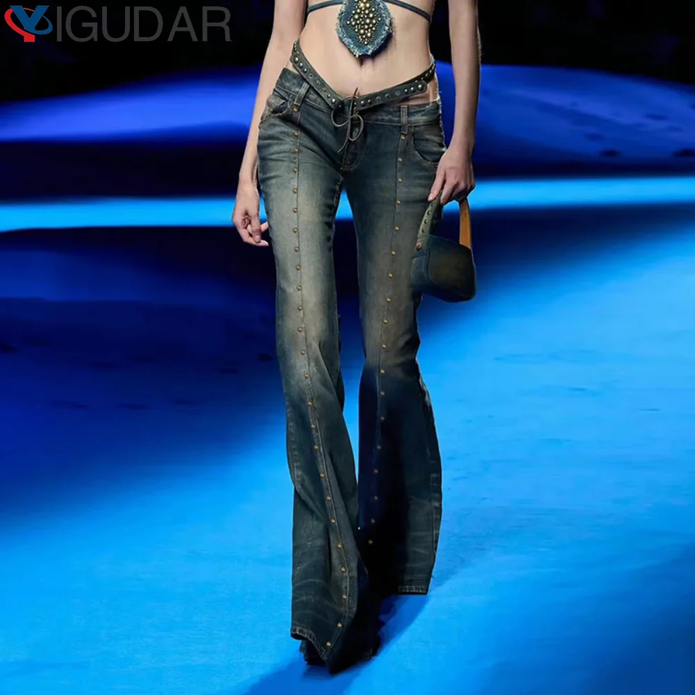 

2023 Distressed Flared Jeans Y2K Streetwear Low Rise Retro Slim Pants Women Denim Trousers Vintage ropa de mujer streetwear