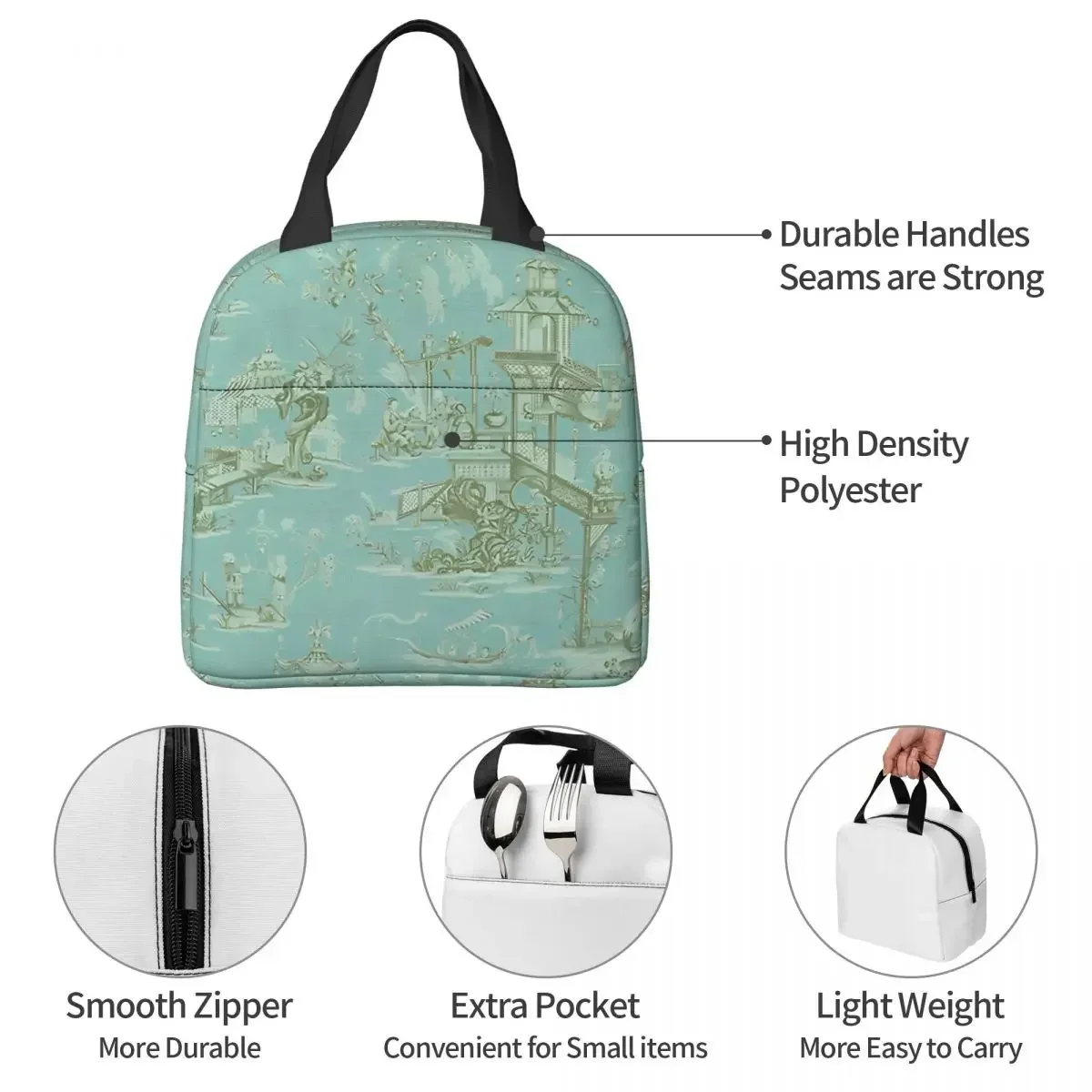 

Bag Meal Container Toile De Jouy Portable Tote Lunch Box Girl Boy College Travel