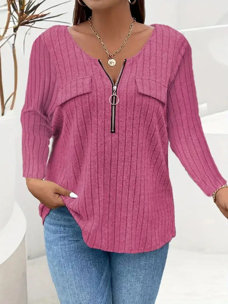 Damen Casual Elegantes Einfarbiges Langarm-Pullover-T-Shirt mit Reißverschluss Locker Sitzend Herbst-Winter-Kleidung – Detail 1