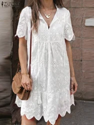 ZANZEA Fashion Openwork Embroidered Short Dress V Neck Short Sleeve Women Tassel Knee-length Dress Tiered Loose Casual Vestidos