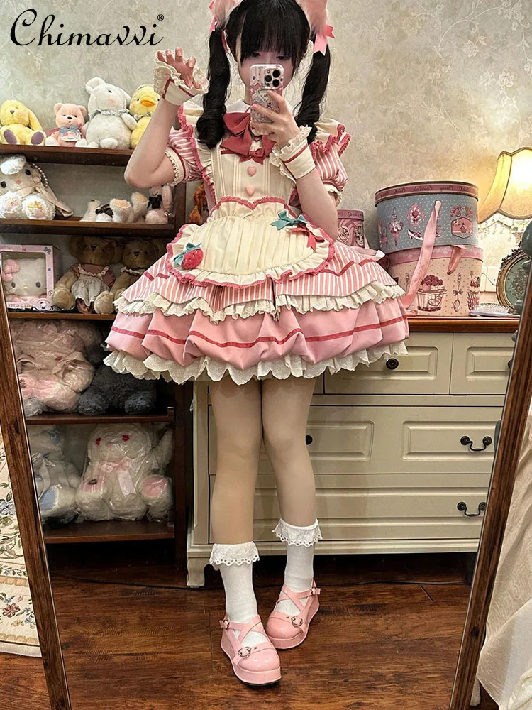 

New Sweet and Cute Bow Girls Women OP Pink Bud Dress Lolita Daily Short Sleeve Kawaii Cosplay Lo Princess Short Dresses