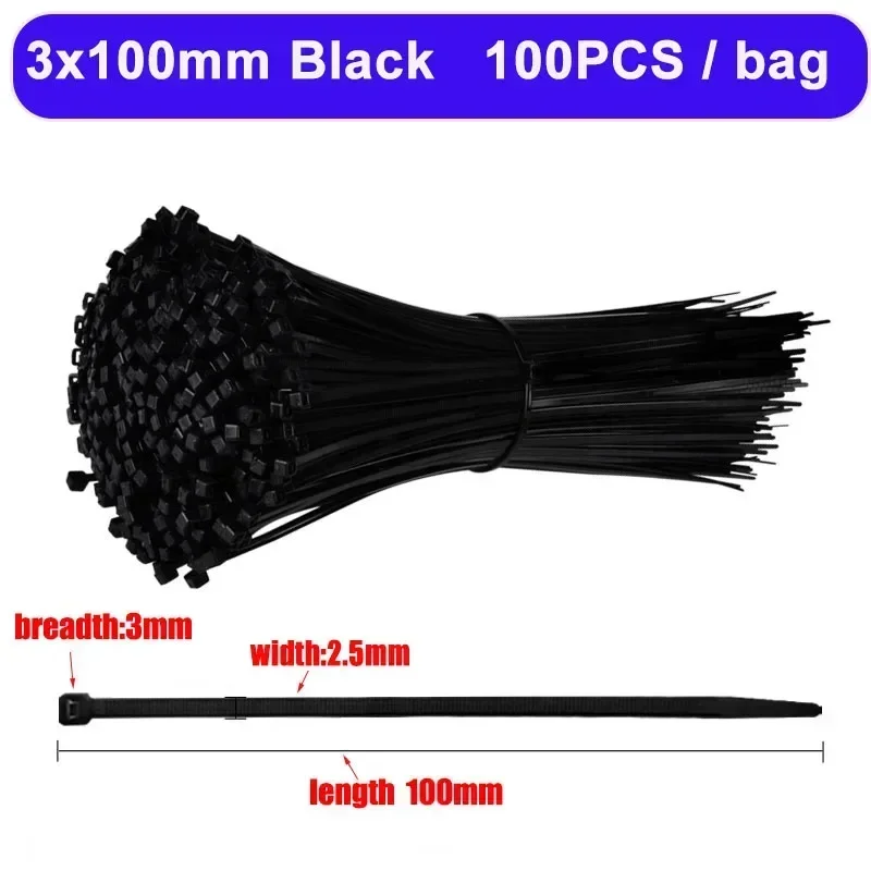 100pcs Nylon Kabelbindungen Set Selbstverriegelung Kunststoff Nylon Krawatte Schwarzer Fadenspannungsgürtel 3x200 5x300 4x250mm Wrap Gurt Reißverschluss