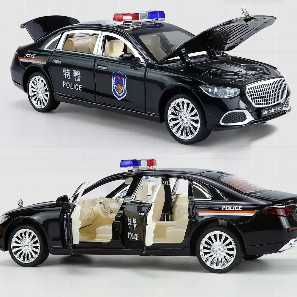 1/24 Model mainan mobil polisi Maybach S680 Diecast paduan 6 pintu terbuka peredam kejut Model kendaraan suara Swat untuk hadiah anak laki-laki