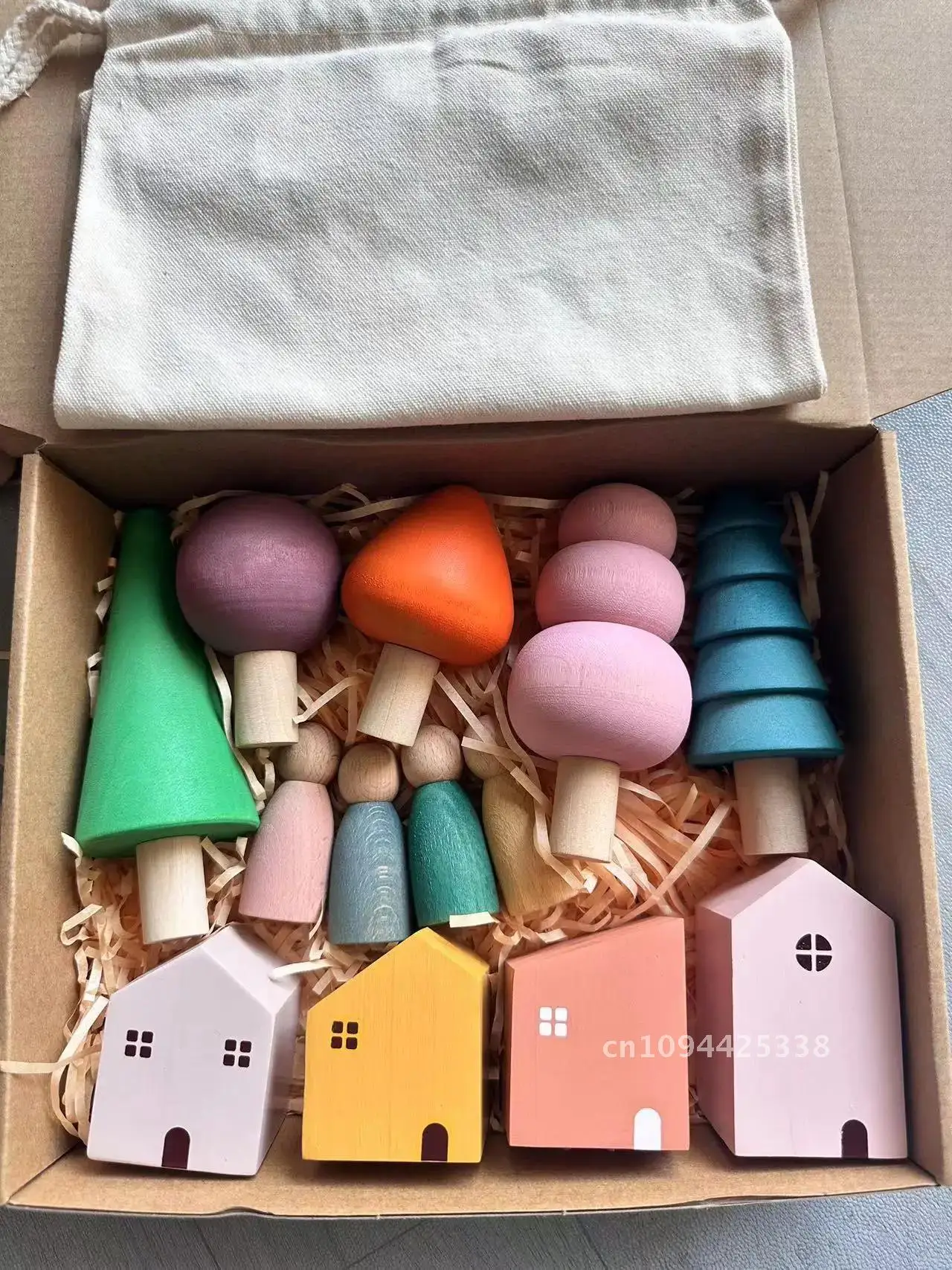 Kids Wooden Toys Pastel Nordic Buiding Blocks Stacking Crochet House  Animals Rainbow Forest Trees