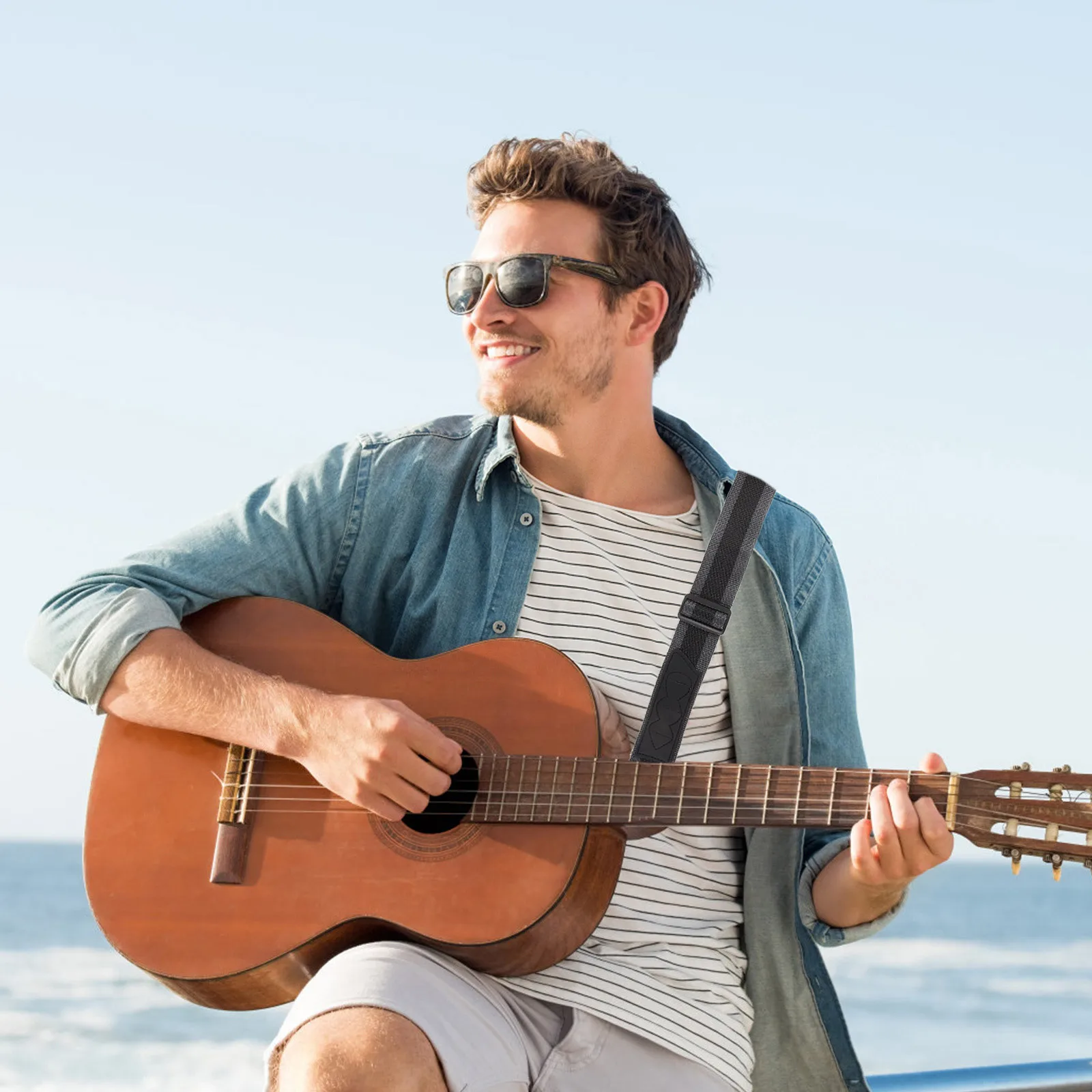 Correia de guitarra acústica respirável náilon comprimento ajustável com suporte de palheta para baixo elétrico guitarra instrumento musical suprimentos