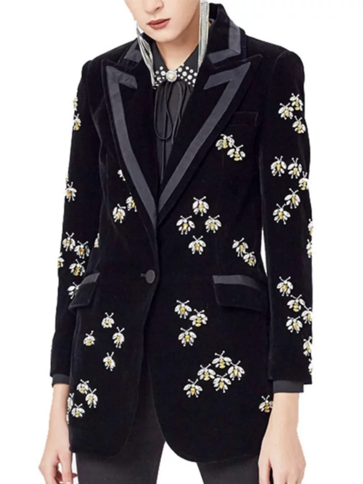 

Женский приталенный вельветовый пиджак с кристаллами и вышивкой в виде пчелы, деловой повседневный стиль, длинный рукав