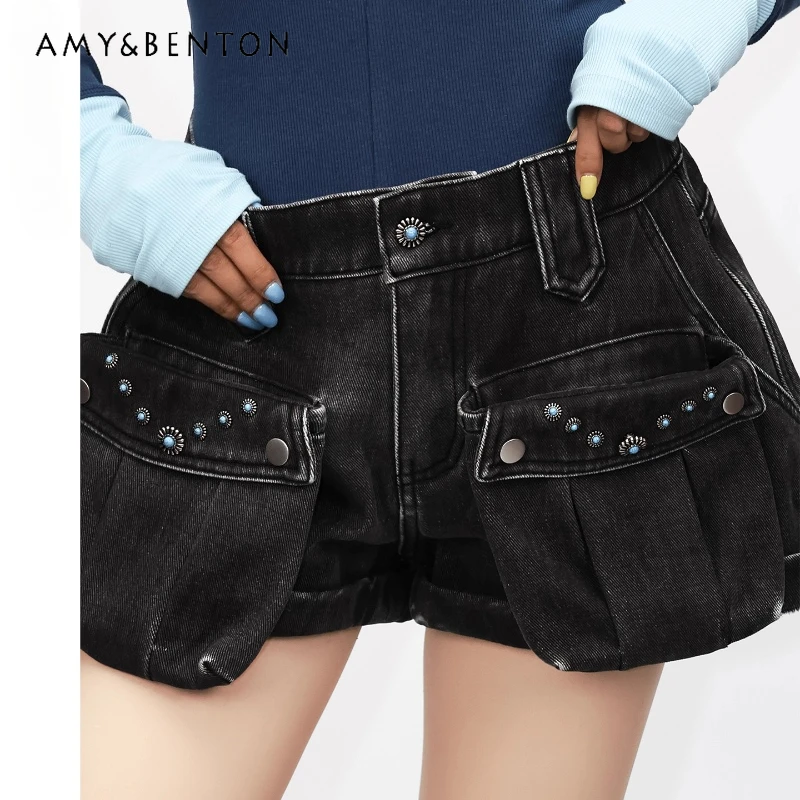 Celana Jeans Wanita Musim Gugur Musim Dingin Berlapis Fleece Tebal Desain Retro Pinggang Sedang-Rendah Pelangsing Manis Keren Serbaguna Celana Pendek Wanita