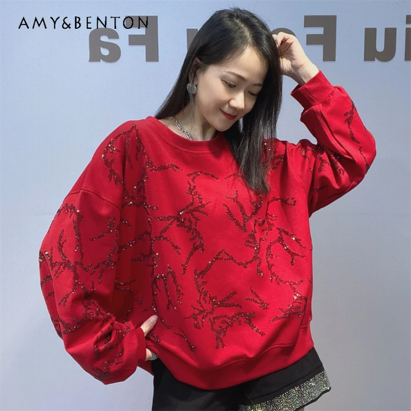 

Ladies Rhinestone Y2k Short Long Sleeves Sweatshirt Heavy Industry O-Neck Versatile Korean Style Top Winter New Pullover Hoodies