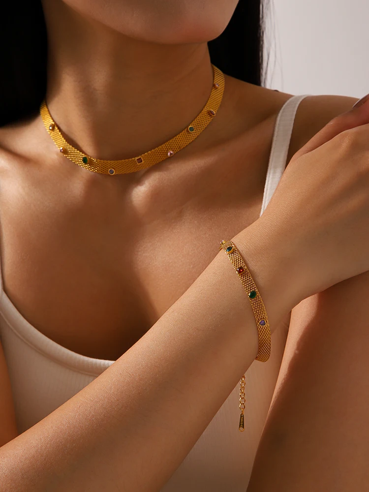 

French Vintage Gold Plated Mesh Chain Bracelet Women's Colorful Cubic Zirconia Waterproof Hypoallergenic Vacation Jewelry