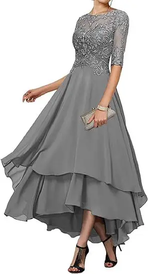 Women's Formal Prom Dress V Neck Applique Lace Up Mother of Bride Dresses A-Line Tea Length vestidos de noche Customized