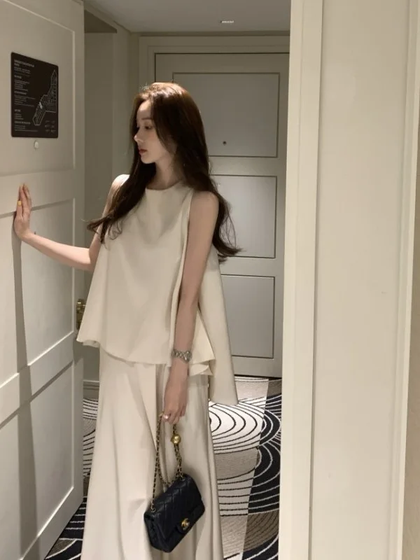 

Elegant Satin Vest Top High Waist Skirt Two Piece Set Women Slimming Long Dress Ensemble Summer Fashion Outfit