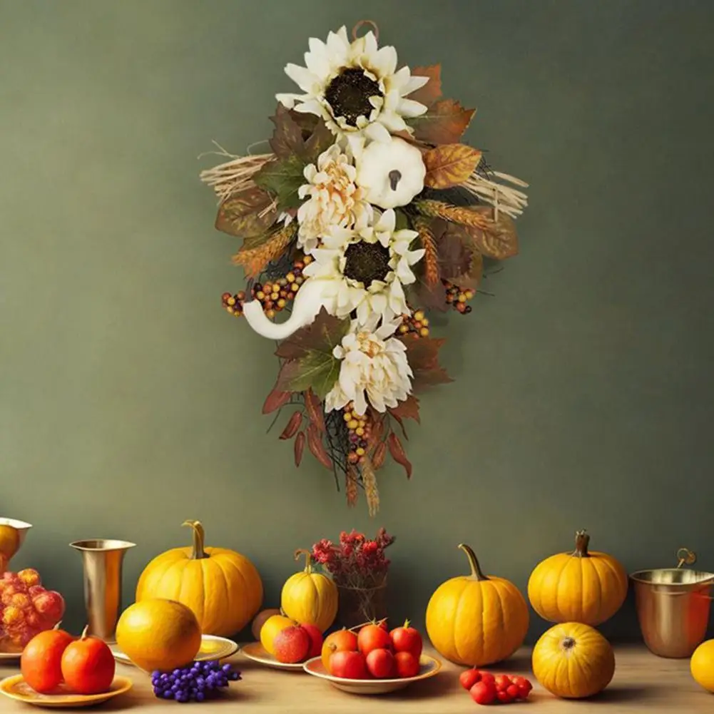 

Fall Artificial Wreath Fall Decoration Wreath Autumn Harvest Decor White Sunflower Pumpkin Maple Leaves Berry Wreath for Fall