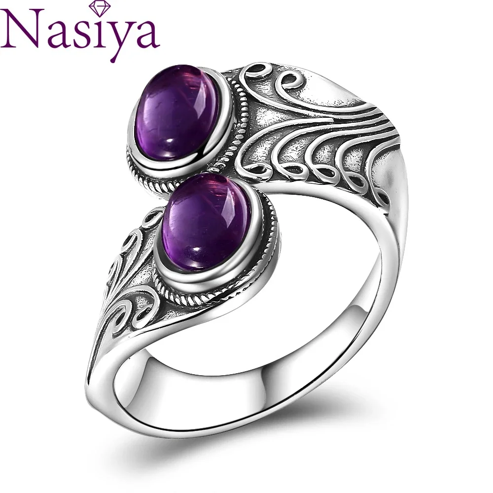 Nasiya New Design Punk Hiphop Ring With Two Amethyst For Men and Women Silver Jewelry Party Birthday Gift