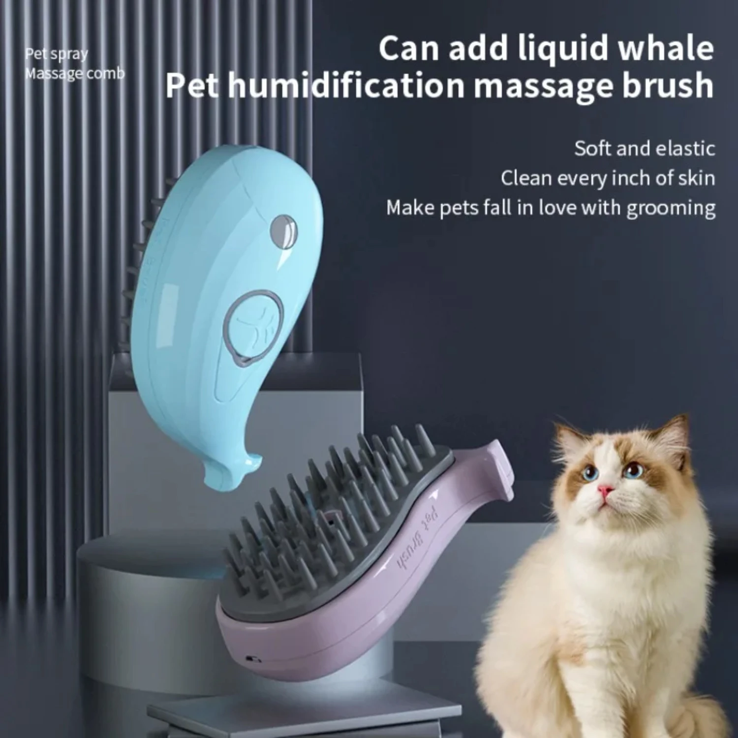 3-In-1 Whale Shape Dog Steamer Massager and Pet Grooming Comb for Removing Tangled and Loose Hair with Steam Hair Brush Spray - 