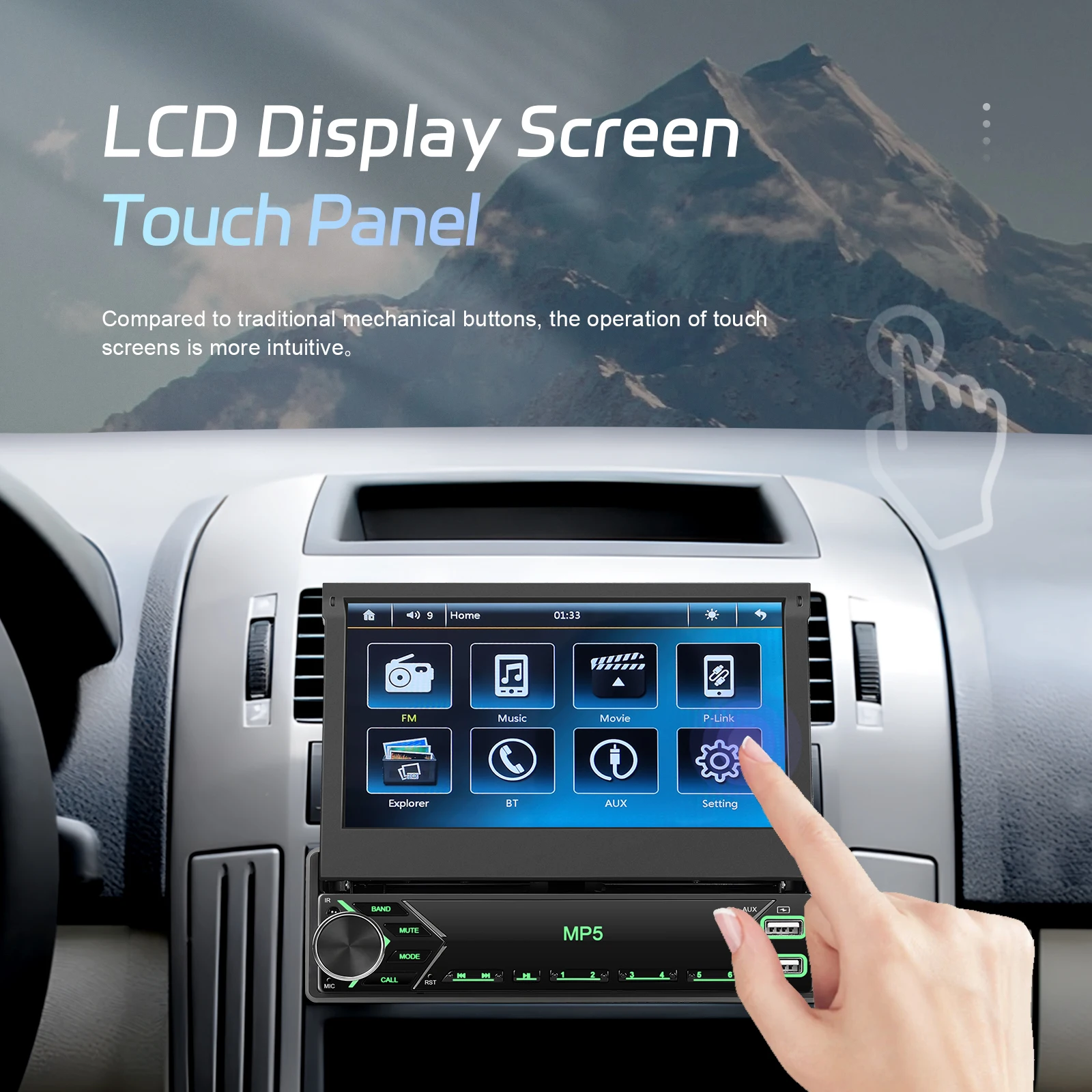 Podofo 7-Zoll-Autoradio mit einziehbarem Bildschirm, Unterstützung für Rückfahrkamera, 1 DIN, Auto-Audio-Player, TF-Karte/U-Disk, Autoradio-Stereoanlage, Bluetooth – Detail 4