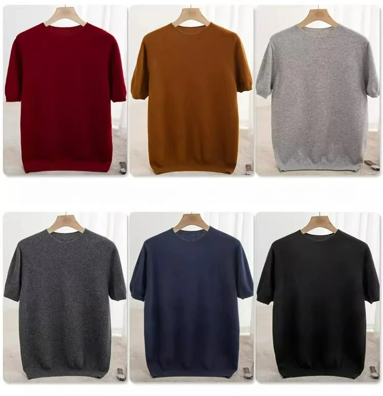 

100% Australian wool solid color simple knitted loose large size crew neck T-shirt