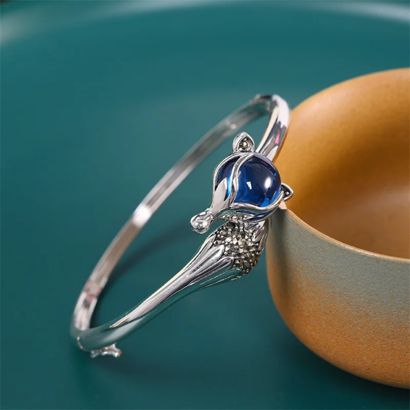 Uglyless LOVE Magic Gift Fairy Fox Bangles for Women Blue Corundum 925 Silver Bangle Vintage Marcasite Fox Tail Bracelet Jewelry