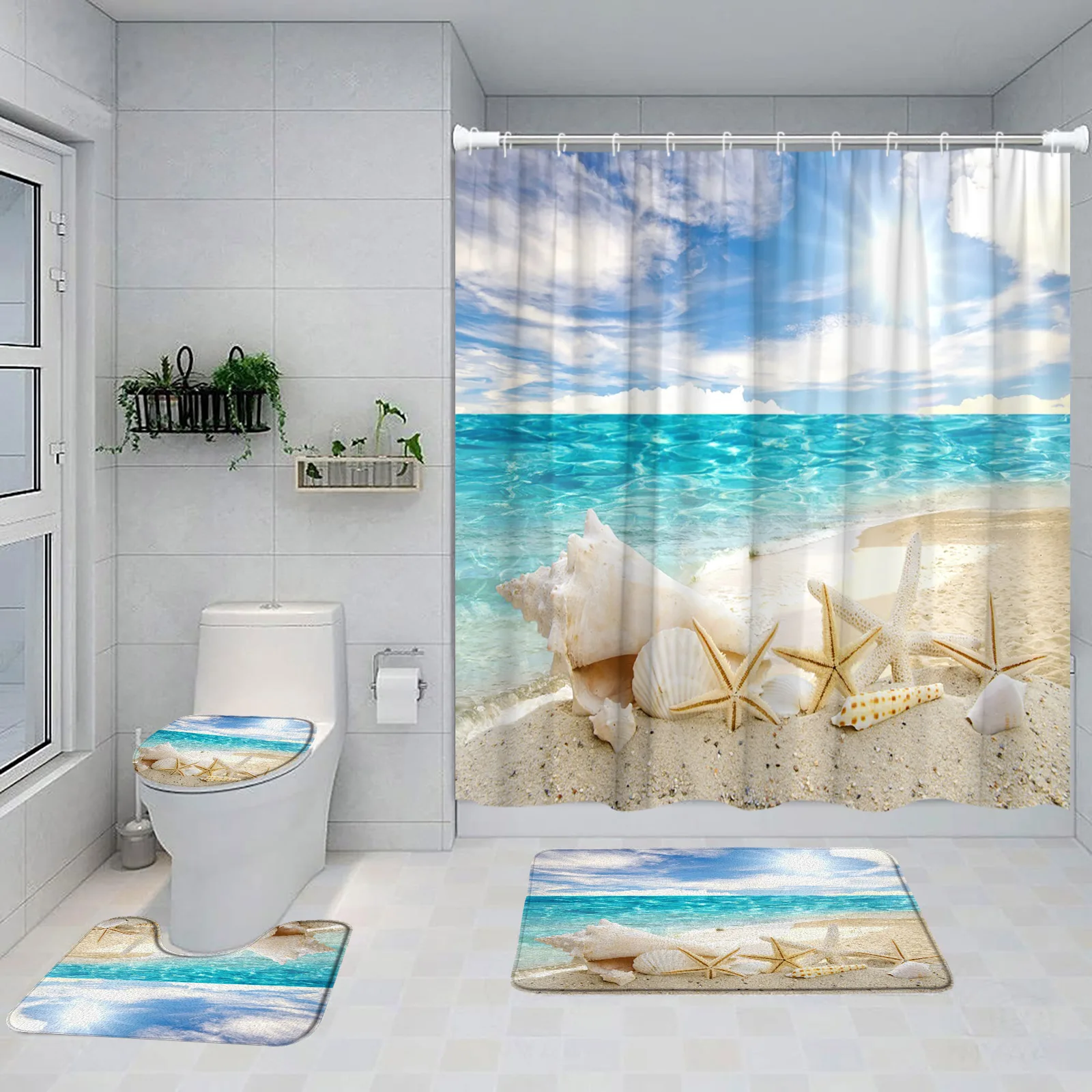 Island Beach Shower Curtain Set Tropical Coconut Tree Green Plants Ocean Nature Landscape Bathroom Decor Bath Mats Toilet Cover