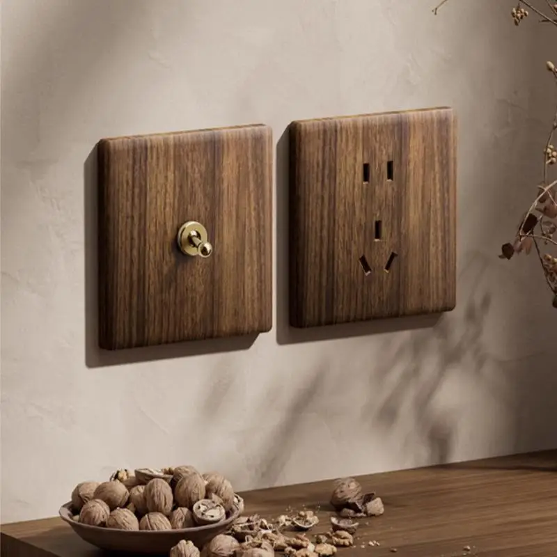 ⭐ Wood Retro British Light Switch Socket Bedside Wall Lamp Switch LED Dimmer Pure Brass Toggle Switch Board - view 3