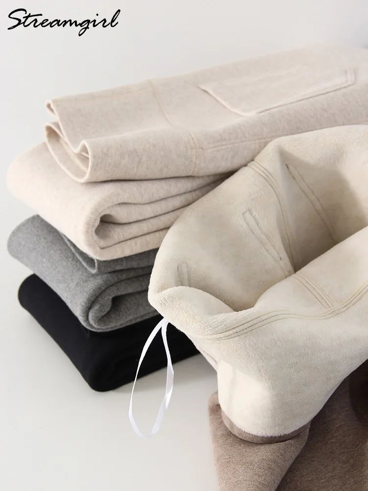 Winter Brown Leggings Women Long Fleece Pants High Waist Velvet Bottom LeggingsWith Pockets Warm Thick Leggings For Women Winter