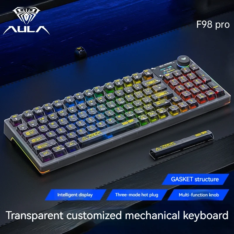 Aula F98 Pro Customized Tri Mode Bluetooth Wireless 2.4g Mechanical Keyboard With Screen Transparent Rgb Office Gaming Keyboard