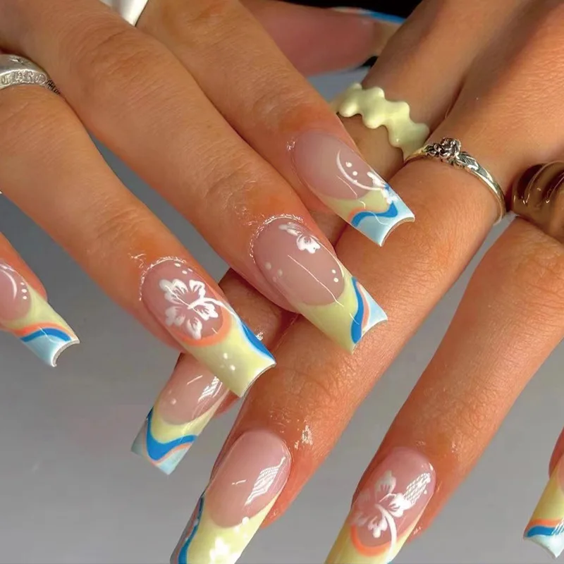 

24pcs Fake Nails Blue Yellow French Tips Ballet Press on Nails Square Coffin with Flower Design False Nail Sets Acrylic Manicure