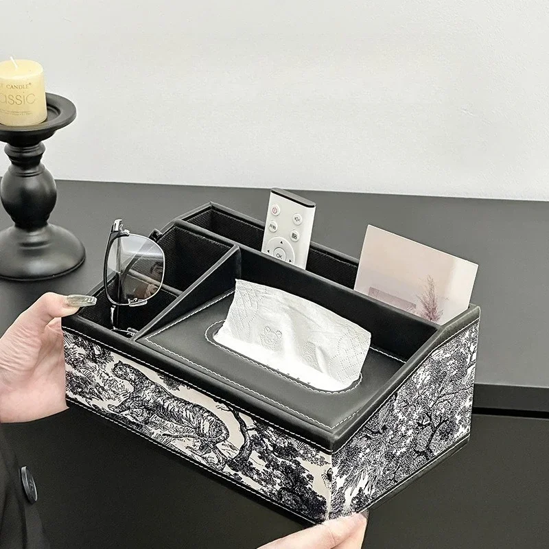 Elegant Leather Tissue Box Cover, French Luxury Napkin Dispenser with Remote Holder, Waterproof Desktop Organizer Decoration
