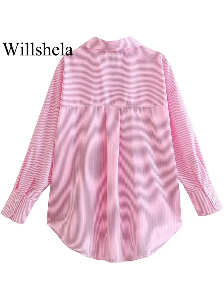 Willshela Women Fashion With Pocket Pink Striped Single Breasted Blouse Vintage Lapel Neck Long Sleeves Female Chic Lady Shirts