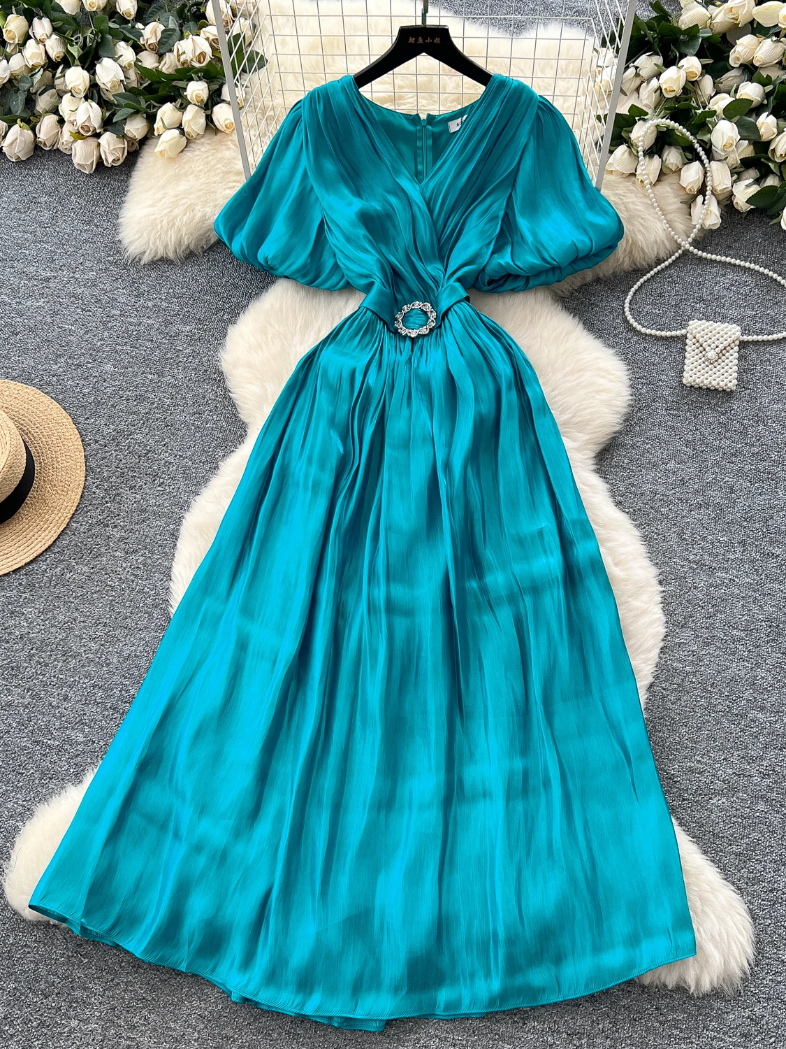 Vestido Largo E de Verano para Mujer, con Cuello Cruzado, Mangas Abullonadas, Cintura Alta con Hebilla Metálica y Dise...