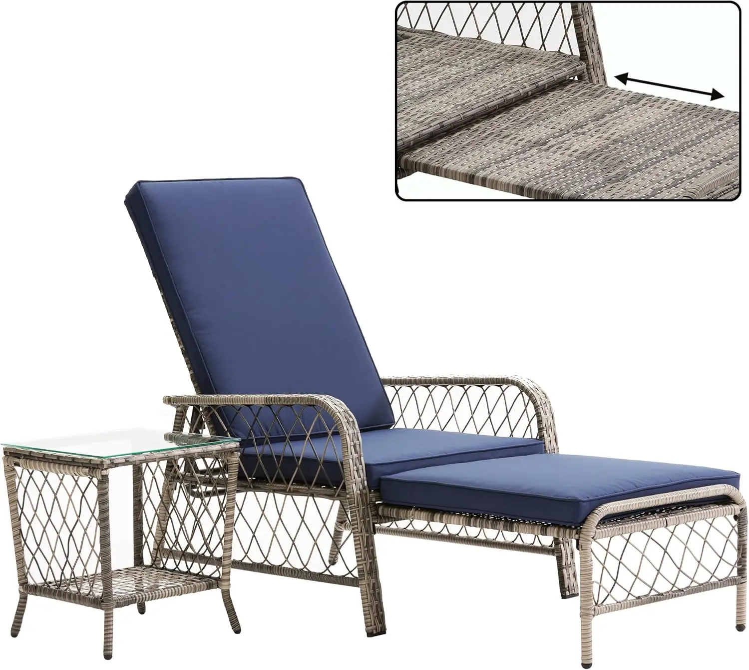 Chaise Lounge Chair，Outdoor Rattan Lounge Chair With Glass Table,Pull-Out Lounge Chair With Soft Cushions，Blue