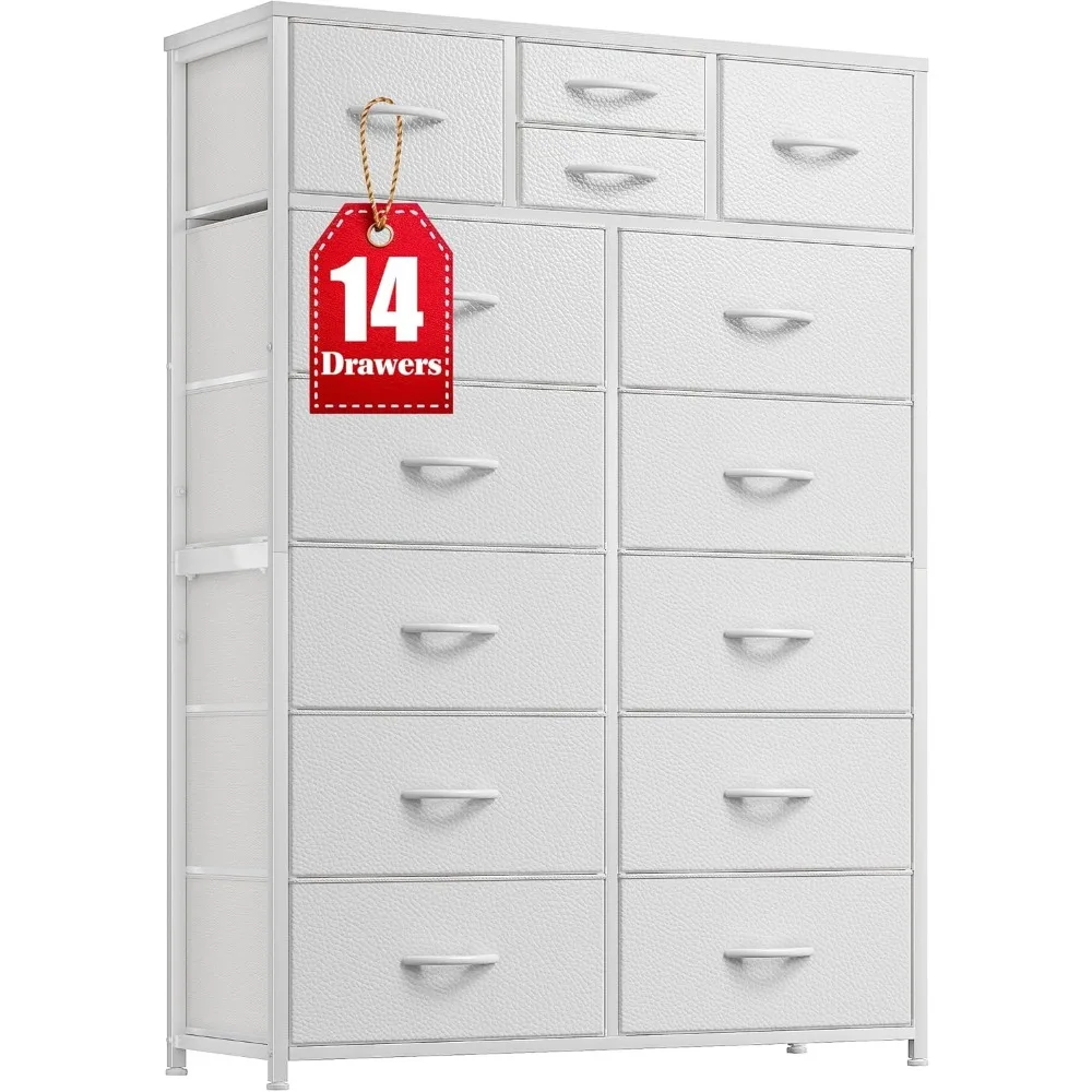 

White Dresser for Bedroom with 14 Drawers, Tall Dressers for Bedroom with Wooden Top and Metal Frame, Large Fabric Chest of Dra