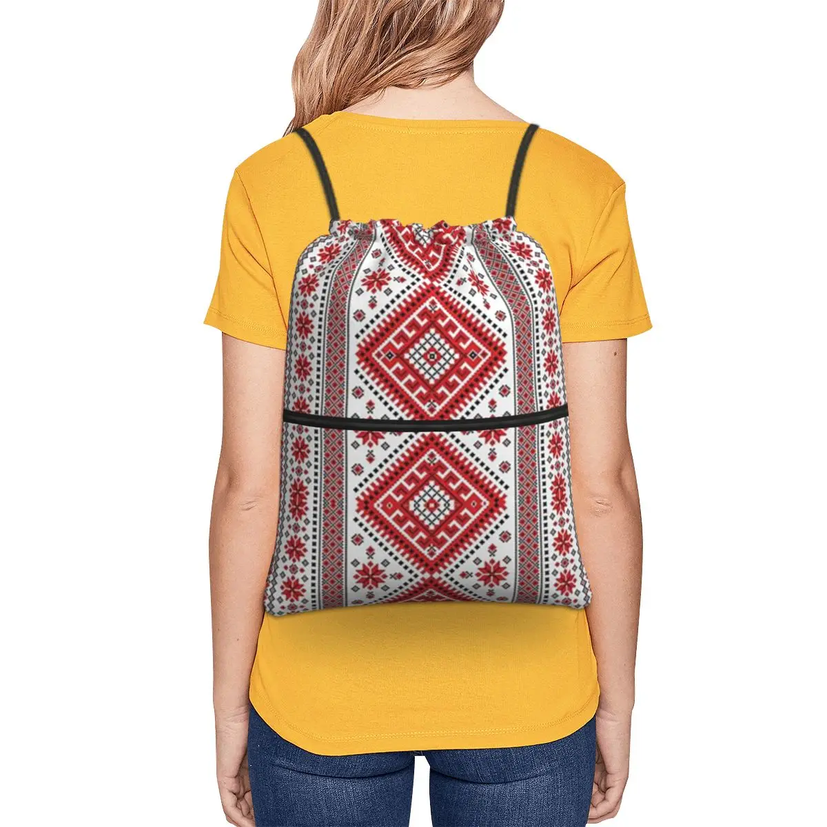 Bold Colorful Ukraine Style Vyshyvanka Embroidery Bohemian Geometric Backpacks Multi-function Drawstring Bundle Pocket Shoes Bag