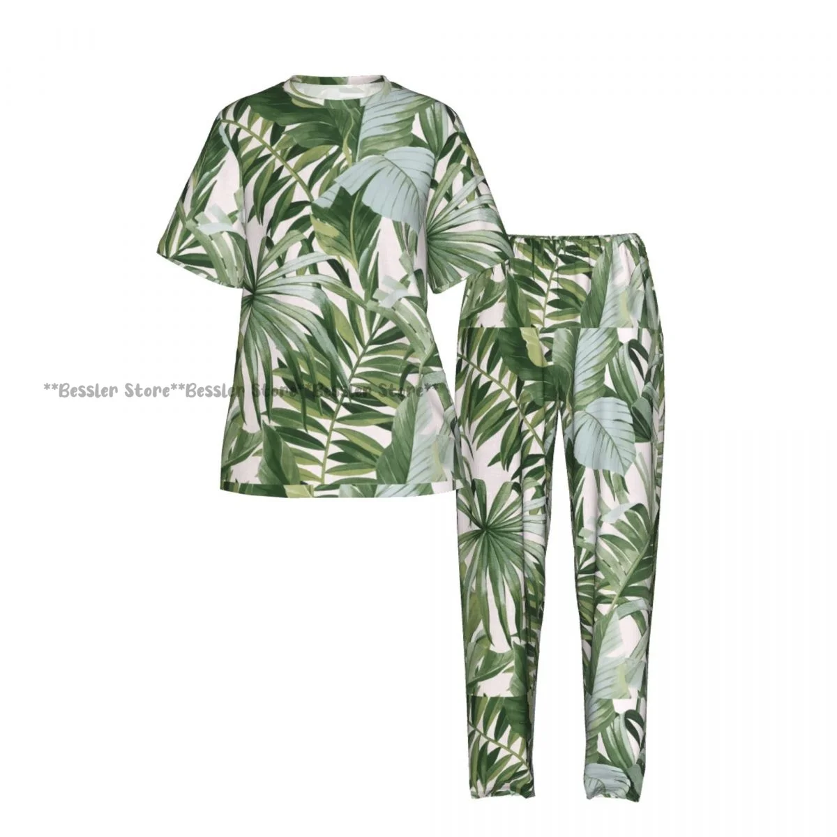 Women's 2-piece set Palm Banana Leaf White Green Tropical Pajamas Short sleeved Top and Pants Sleepwear