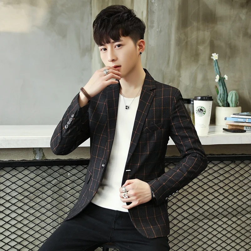 

Повседневный мужской костюм в клетку, приталенный, в британском стиле, модный, в корейском стиле, верхняя одежда, пальто, молодежный, энергичный, с плоским воротником, на одной пуговице