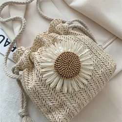 Sun Flower Graphic Straw Bag Vintage Shoulder Beach Bag Women's Crossbody Purse Mini Floral Decor Straw Crossbody Bag