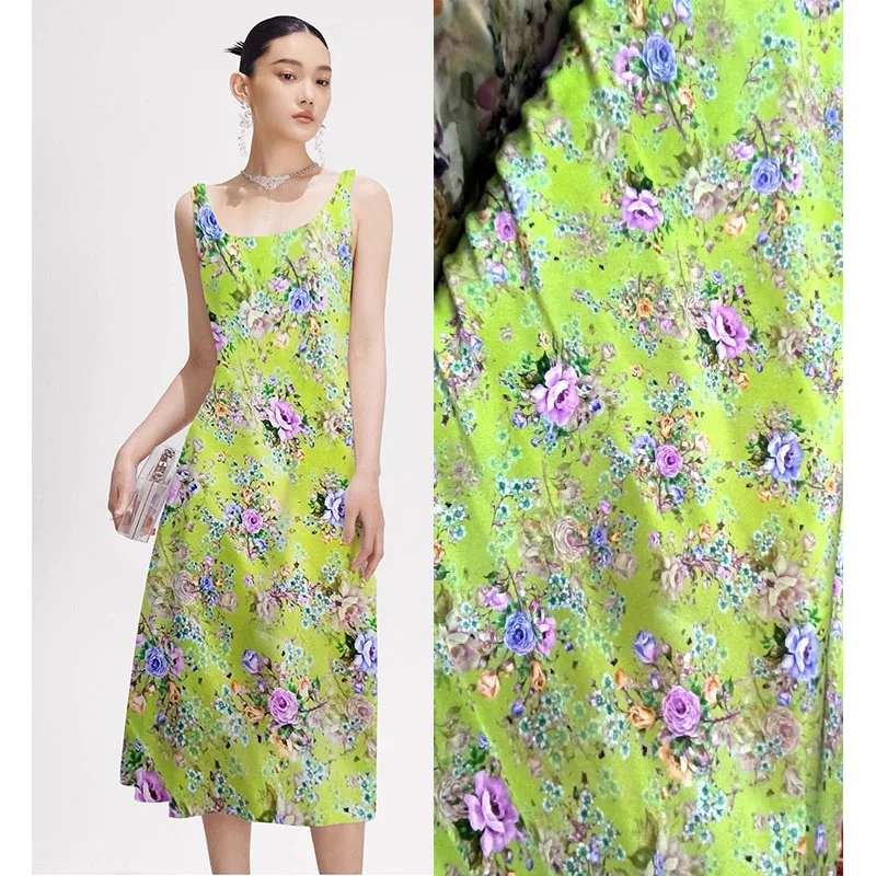 Green Natural Elegant Mulberry Silk Ceramic Tiles Crepe Dress Material Flowers Cloth Dress 140cm Wide Print Silk Fabric Sewing