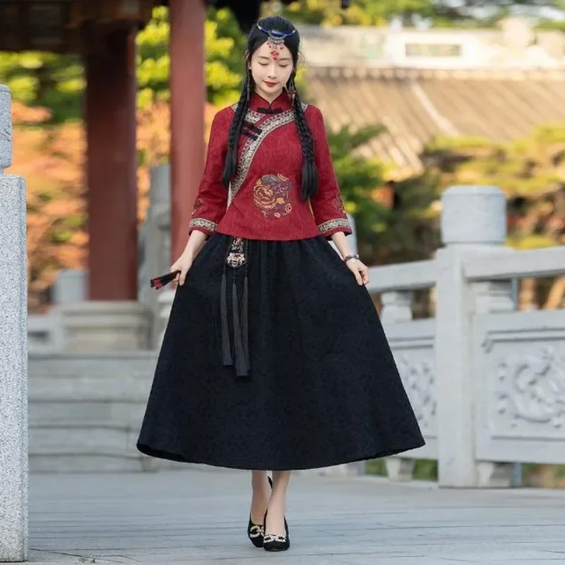 Women Traditional Hanfu Dress Girl Red Peony Embroidered Mid Sleeve Top Black Jacquard Skirt Hanfu Suit Ancient Chinese Costume