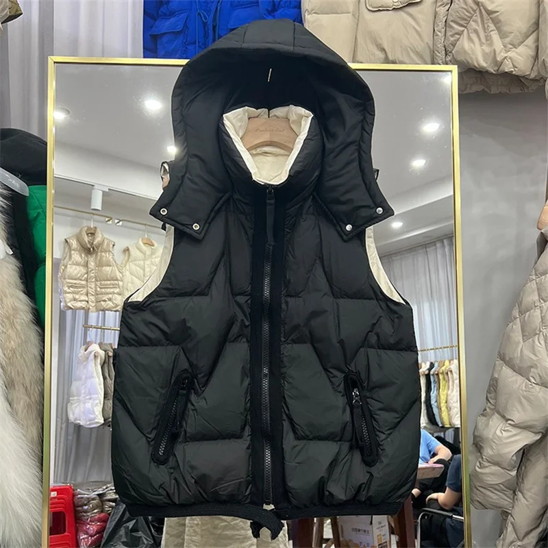 Nuovo inverno con cappuccio in piuma gilet donna leggero sottile bianco piumino d'anatra cappotto signora senza maniche caldo piumino parka canotta corta